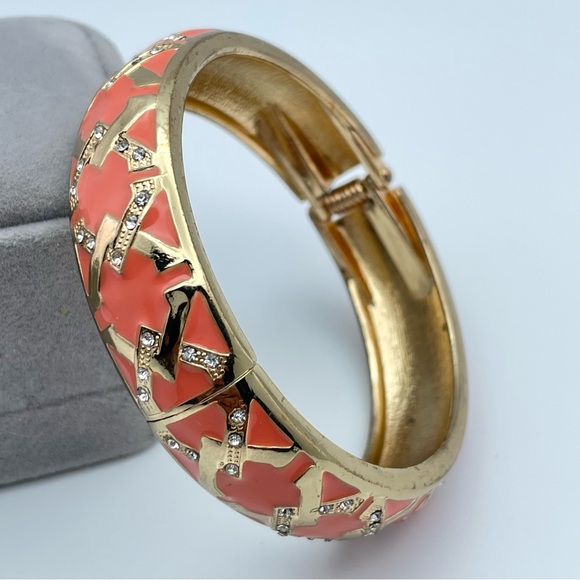 Coral Enamel Gold Tone Hinge Bangle Bracelet with Rhinestone Accents - Picture 2 of 6